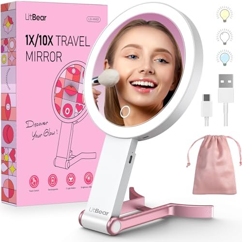 litbear travel makeup mirror with lights, rechargeable double ...