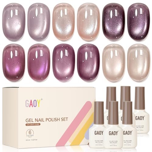 gaoy purple cat eye gel nail polish kit with magnet, 6 colors...