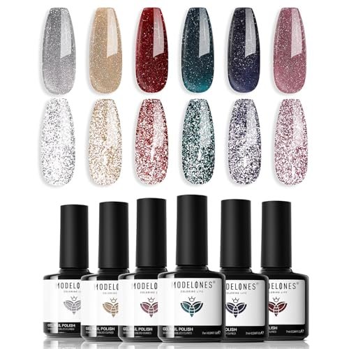 modelones glitter gel nail polish set, 6 colors fall winter da...