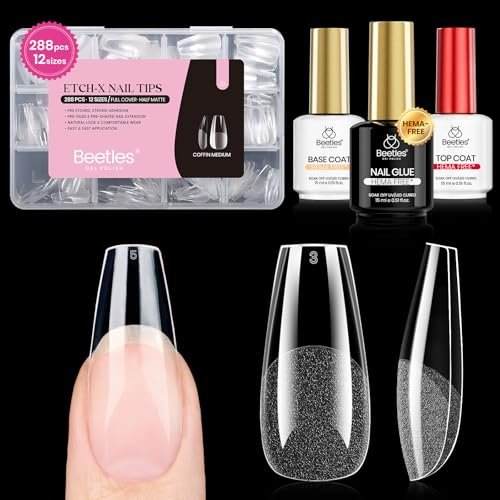 beetles gel nail kit etch x, medium coffin, 288pcs 12 sizes na...