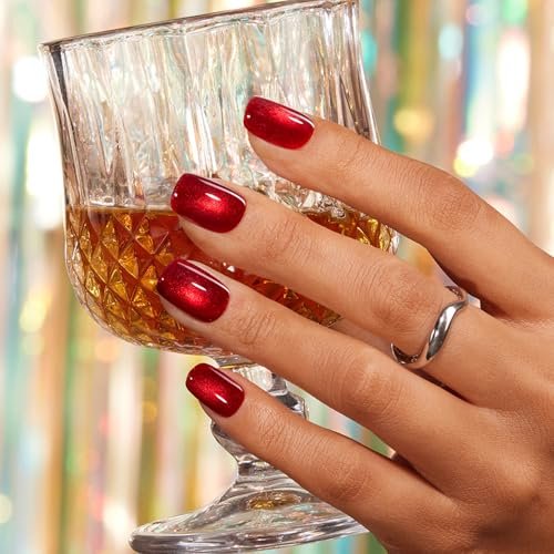 vsalon press on nails short square burgundy red cat eye glit...
