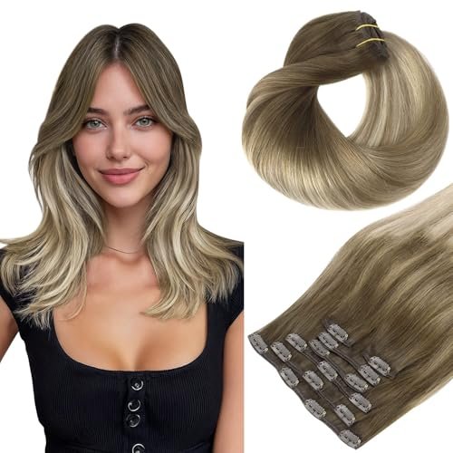 hotbanana human hair clip in hair extensions, ombre walnut bro...