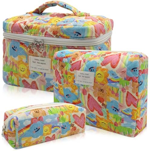 gosect 3pc makeup bag set, quilted makeup bag set, large flora...