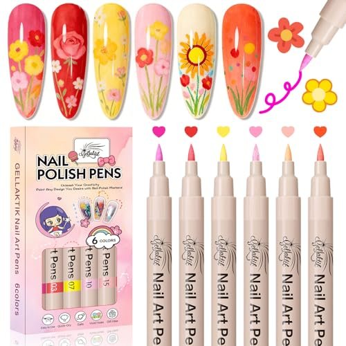 gellaktik 6 colors nail art pens set, 3d nail polish pens quic...