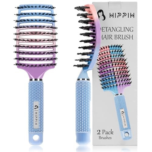 boar bristle hair brush set of 2, hippih wet & dry hair brushe...