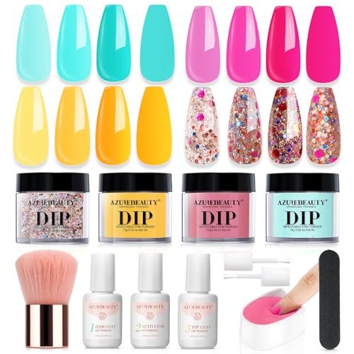 azurebeauty dip powder nail kit starter, 4 colors pink yellow...