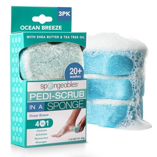 spongables pedi scrub foot exfoliating 20+ wash sponge, ocean...