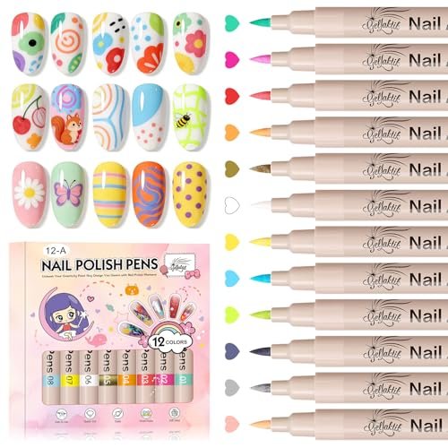 gellaktik 12 colors nail art pens set, 3d nail polish pens, qu...