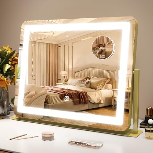 rolove gold vanity mirror with lights smart touch dimming, 3...