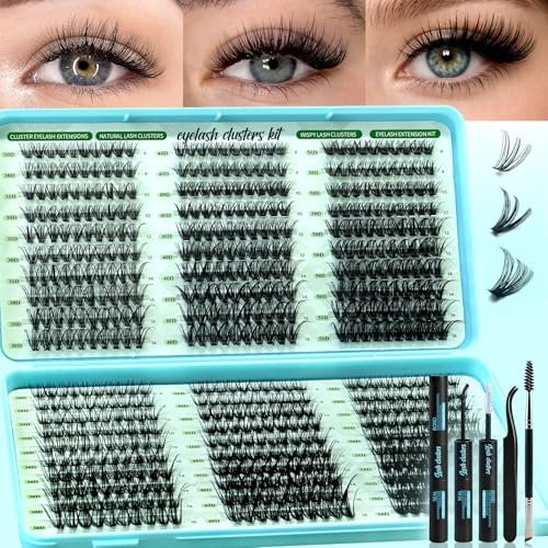 600 pcs wispy lash clusters kit, d curl lashes clusters natura...