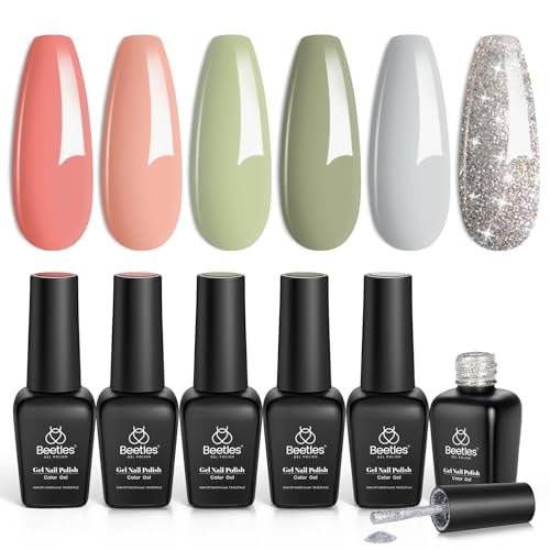 beetles gel polish set 6 colors glitter nude coral green light...