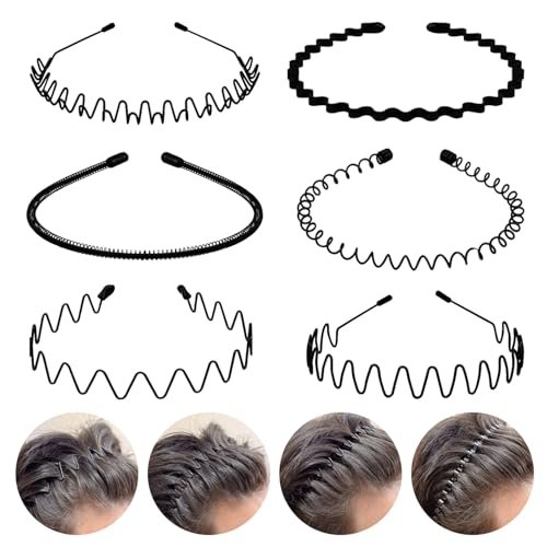fenshine 6pcs metal hair bands, spring wavy hoop unisex black...