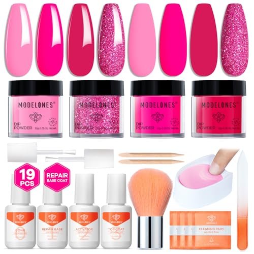 modelones dip powder nail kit, 4 colors hot pink rose glitter...
