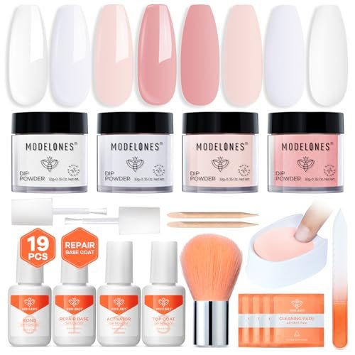 Modelones Dip Powder Nail Kit, 4 Colors Clear Nude White Pink... modelones dip powder nail kit, 4 colors clear nude white pink...