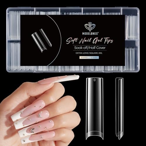 Modelones XXL Square Half Cover Nail Tips, No C Curve 510Pcs E... modelones xxl square half cover nail tips, no c curve 510pcs e...