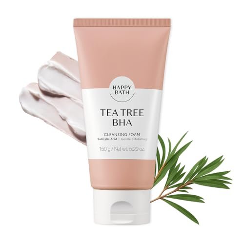 happy bath tea tree facial cleanser, exfoliating bha face wash...