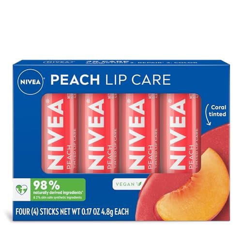 nivea peach lip care, tinted lip balms with shea butter, 4 x 0...