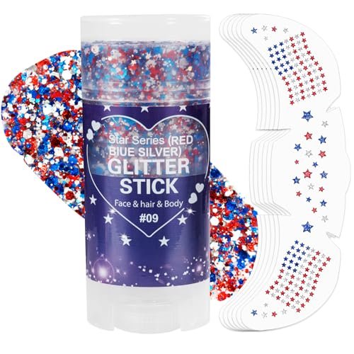 mysense red white blue face hair body glitter stick + 6pcs gli...