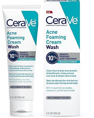 cerave acne foaming cream wash, 10% benzoyl peroxide facial cl...