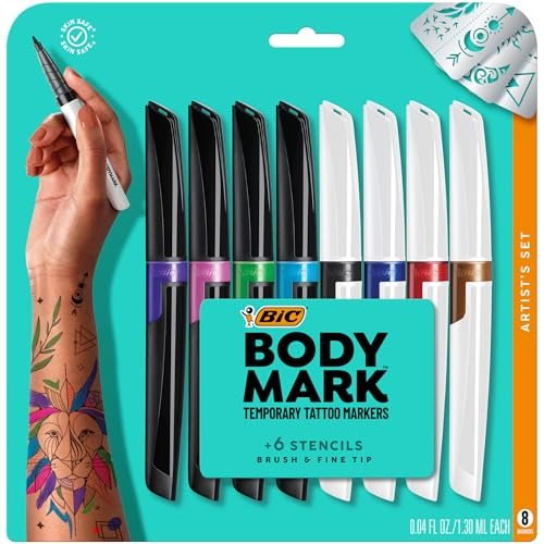 bic bodymark temporary tattoo markers for skin, 8 count pack,...